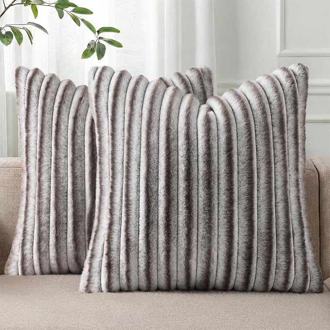 Pallene Faux Fur Plush Throw Pillow Covers 22x22 Set of 2, Luxury Soft Fluffy Striped Decorative Pillow Covers for Sofa, Couch, Living Room, Ombre Coffee