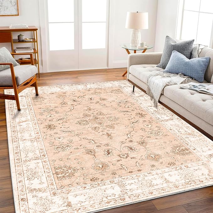 CHAMPLANT 4x6 Vintage Washable Thin Area Rug Tangerine Traditional Floor Cover Foldable Indoor Distressed Non Slip Carpet Floral Print Mat Bedroom Living Room Bathroom