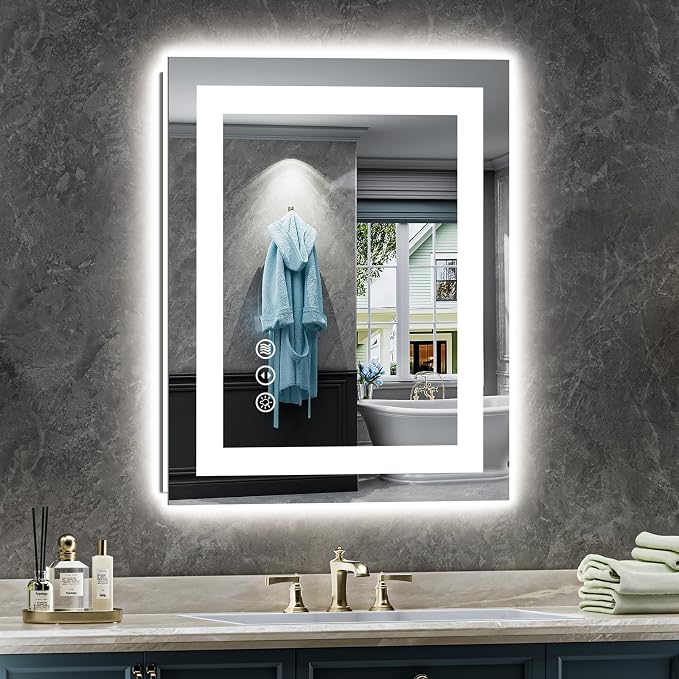 Briivue 20x28 Inch LED Bathroom Mirror with Lights, Backlit & Front Lit, Anti-Fog Lighted Bathroom Vanity Mirror for Wall, Memory Function, Dimmable, HD Tempered Glass, Shatter-Proof