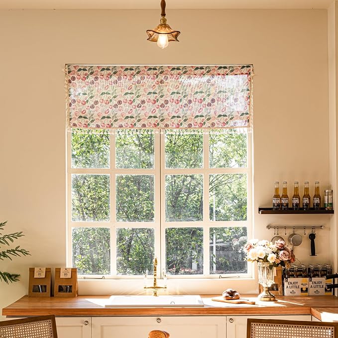 Deeprove Boho Valance Kitchen Cafe Over Sink Window Treatment Retro Aesthetic Style, Pink Red Cherry Print Abstract Short Drape Adjustable Curtain for Bedroom Living Room, 52Wx18L Rod Pocket 1 Panel