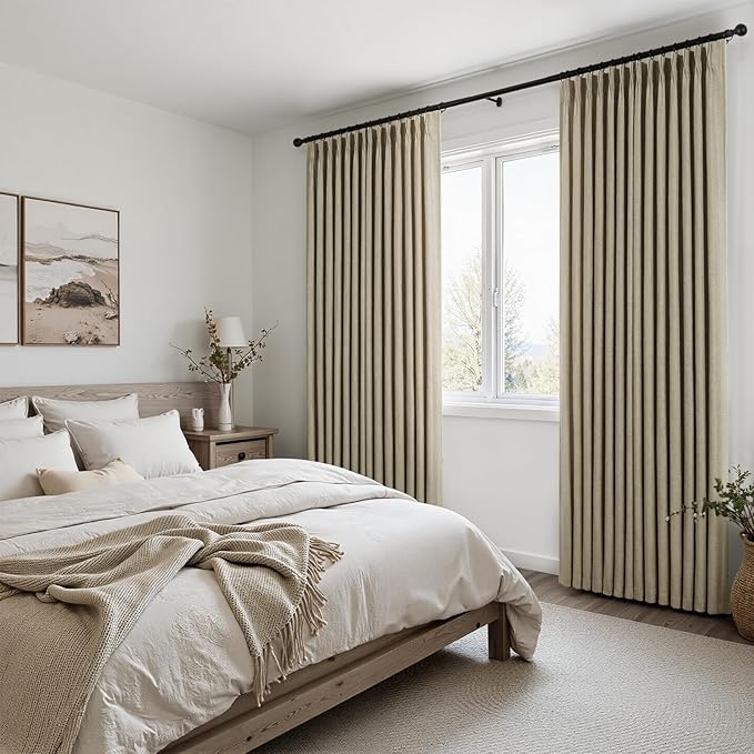 100 Inches Long Pinch Pleated Semi Sheer Curtains,Grey Beige Linen Blended Light Filtering Window Curtains 100 Length 2 Panels for Living Room Bedroom Pinch Pleat Drapes with Hooks,40" Wx100 L