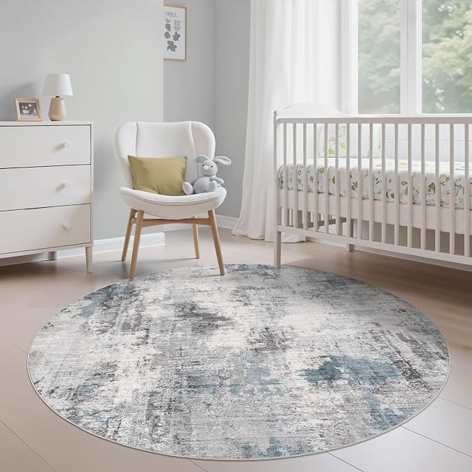 Abstract 5FT Round Rug: Machine Washable Non Slip Ultra Thin Low-Pile Carpet, Soft Stain Resistant for Living Room Bedroom Nursery, Kid Pet Friendly, Robot Vacuum Compatible - Grey Blue