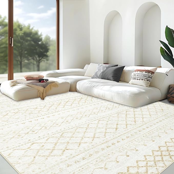 Area Rug for Living Room 10x14: Large Washable Boho Moroccan Rugs Geometric Neutral Rug, Non-Slip Foldable Morden Farmhouse Indoor Floor Carpet for Bedroom Dining Room Home Office（Beige,10'x14'）