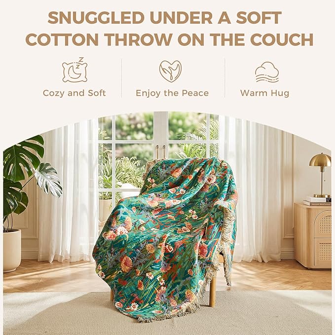 LUTBM Boho Throw Blanket for Couch Sofa Chair Cotton Spring Breathable Blankets for Bedroom Living Room All Season Soft Lightweight Reversible Floral Embroidery Throws 50"x60" Home Decor
