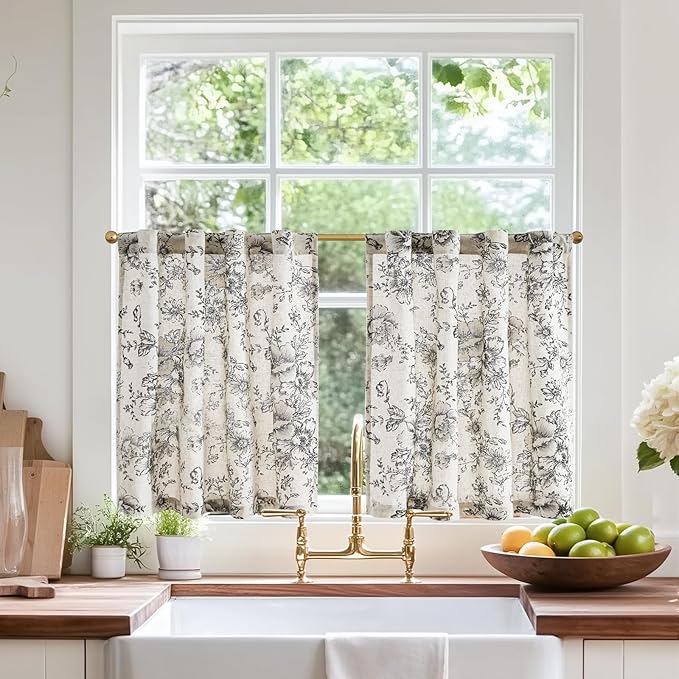 jinchan Linen Floral Tier Curtains 24 Inch Farmhouse Botanic Cafe Curtains Light Filtering Drapes for Small Windows Back Tab Half Window for Kitchen Living Room Bathroom 2 Panels Black