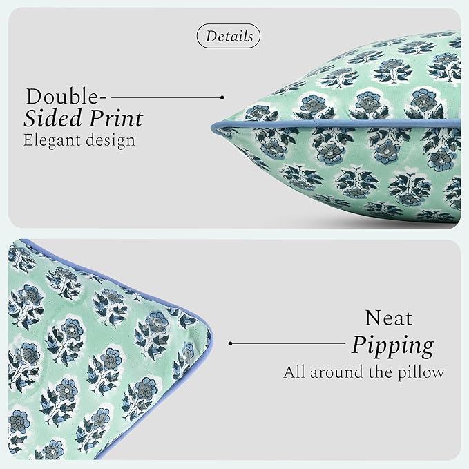 CPC 100% Cotton Throw Pillow Covers 18x18 Inch, Set of 2 Blue Block Print Pattern Couch Pillow, Cute Boho Decorative Pillows for Living Room, Bedroom with Hidden Zipper- Poppy Blue