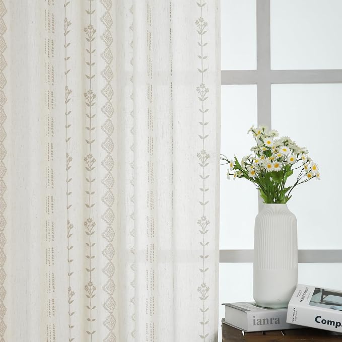 92 Inch Boho Floral Curains,Linen Farmhouse Pattern Semi Sheer Curtains for Living Room Bedroom 92 in Long 2 Panels Set Taupe