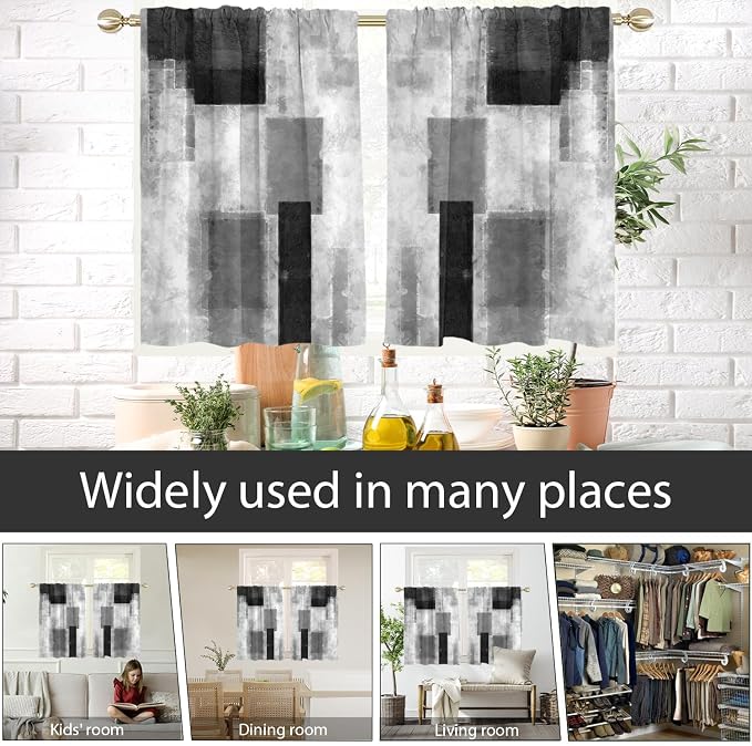 AAtter Black Grey and White Window Curtains for Kitchen White Gray Geometric Silver Small Short Home Living Room Bedroom Bathroom Drapes Treatment Tiers Fabric 1 Pair, 27.5" W x 45" L, Modern