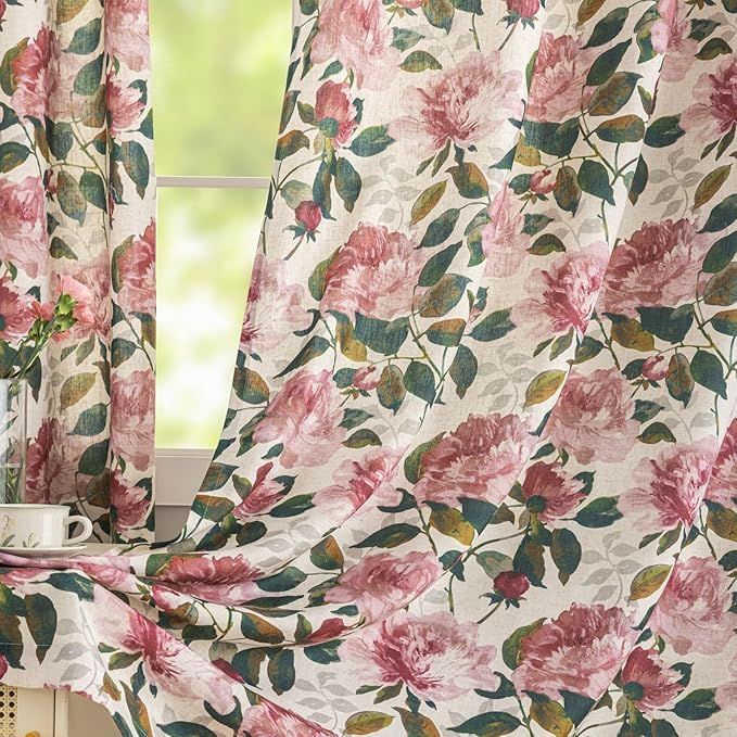 ALIGOGO Pink Vintage Floral Curtains for Living Room 84 Inch Length, French Country Peony Linen Patterned Curtains, Farmhouse Botanical Drapes Semi Blackout Window Curtain Panels, 1 Pair W50 x L84