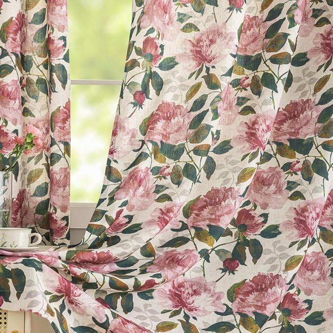 ALIGOGO Pink Floral Curtains for Living Room 63 Inch Length, Linen Flower Printed Pattern Shabby Chic Pink Curtains, Light Filtering Short Coquette Floral Drapes for Bedroom, 2 Panels 50" W x 63" L