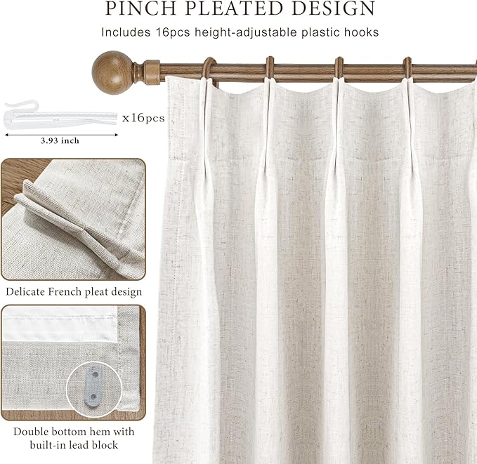 IVAPUPU Natural Pinch Pleated 100% Blackout Curtains Linen Blend Room Darkening Window Curtains 1 Panel for Living Room Bedroom Thermal Insulated Curtain Drapes with 12 Pcs Hooks 60''Wx112''L