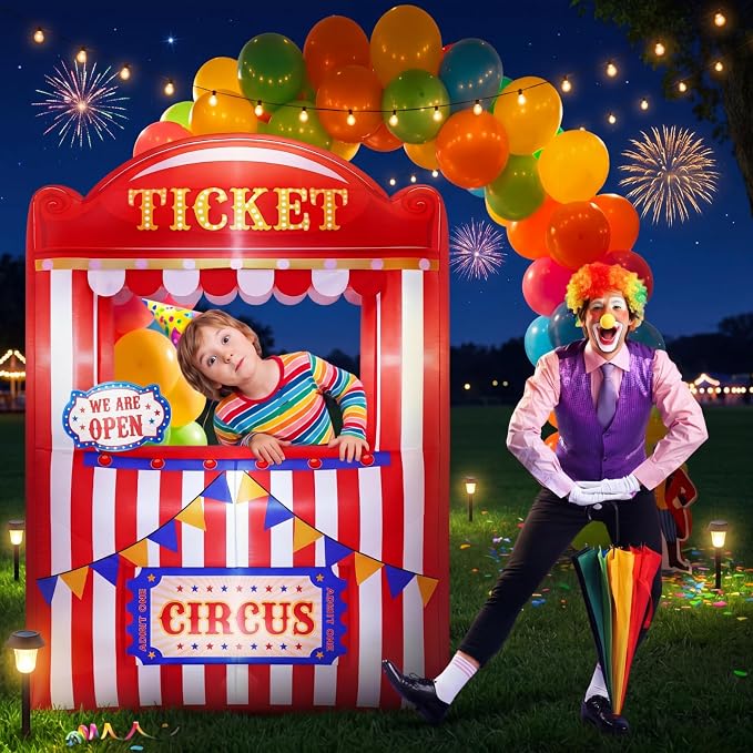 Soulchen 6 x 5 ft Inflatable Circus Ticket Booth Decor with Built in LEDs Lighted and Air Blower, Carnival Party Decoration Blow up Giant Events Birthday Photo Props