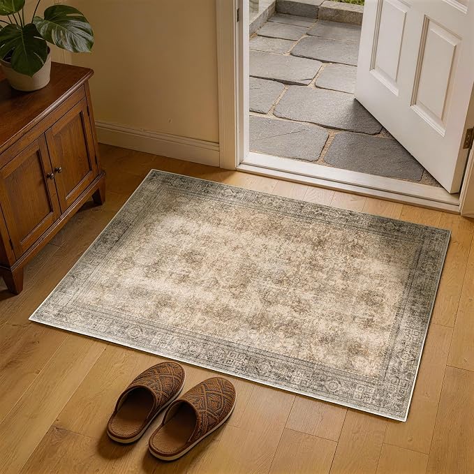 LIANLAM 2x3 Washable Area Rug, Vintage Boho Traditional Pattern, Non-Slip Stain Resistant Rug for Living Room Bedroom(2x3,Brown/Boho)