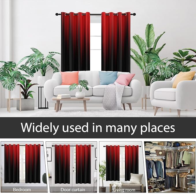 AAtter Red Black Window Curtains, Room Darkening, Grommet 42" W x 63" L | Burgundy Ombre Gothic Drapes, Dark Modern High Precision Fabric, Abstract Anime, 2 Panels Cool Bedroom Decor for Men
