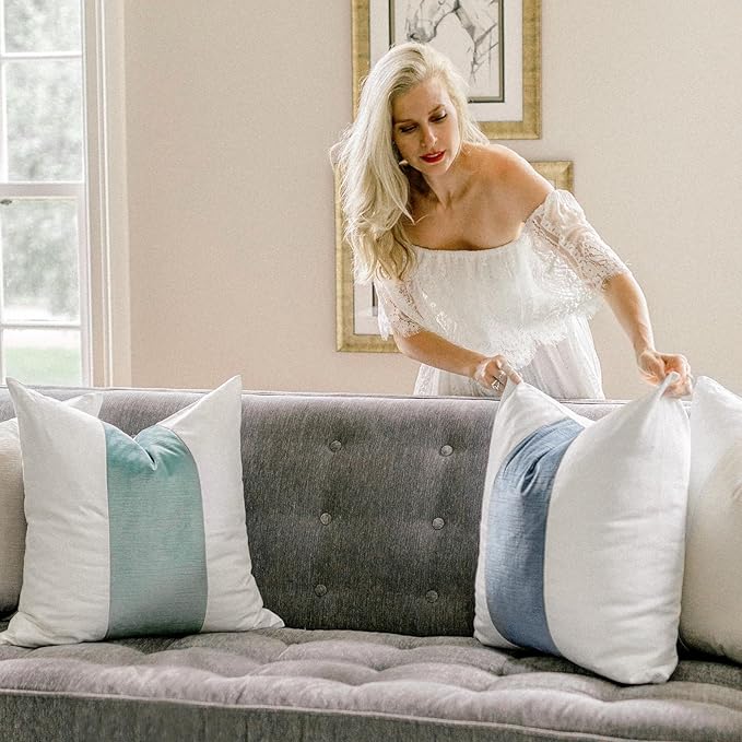 EVERGRACE x Kinsey Walsh Signature Velvet Panel Cotton Pillow Covers Set of 2, Decorative Pillow Covers 20"x20" for Couch, Square Cushion Cases for Sofa Bedroom Living Room, Blue Topaz
