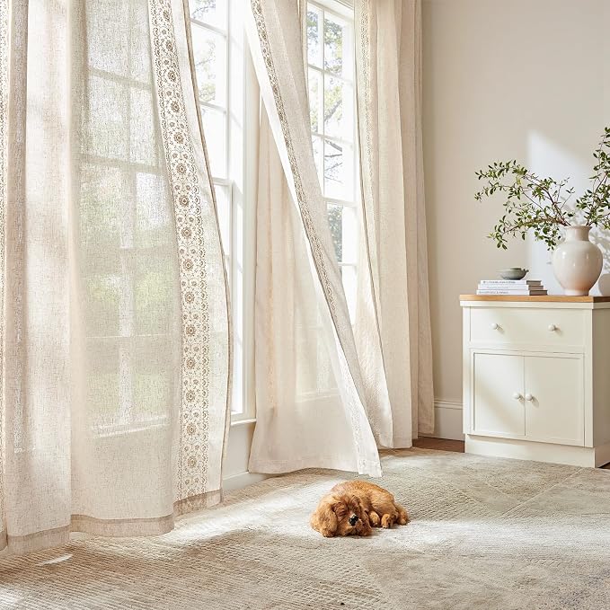 jinchan Weslie Boho Curtains for Bedroom Ivory Vintage Floral Farmhouse Curtains 63 Inch Length Linen Drapes for Living Room Embroidered Light Filtering Drapes Rod Pocket Ivory on Beige 2 Panels