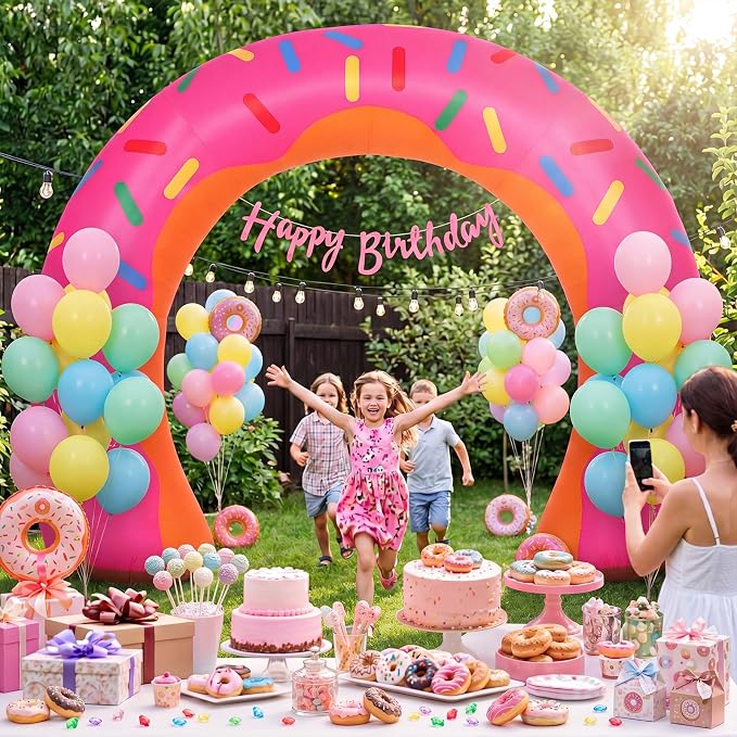 Jenaai 8ft Giant Donut Inflatable Arch Blow up Doughnut Inflatable Outdoor Yard Decorations with Built in LED Lights Outdoor Birthday Party Baby Shower Holiday Decor for Garden Lawn