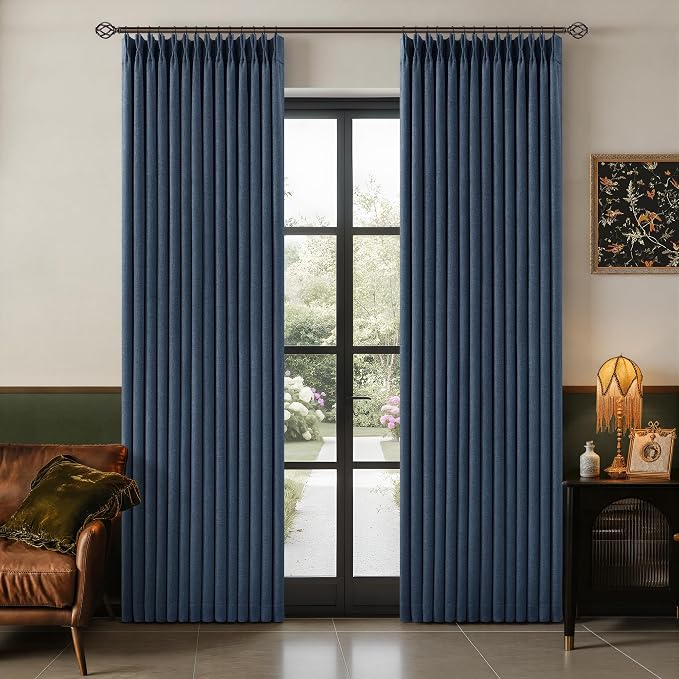 100% Black Out Curtains 80 Inch Length 2 Panels Pinch Pleated Back Tab Navy Blue Heat Blocking Window Boho Farmhouse Living Room Darkening Curtains Textured Linen Blackout Drapes for Bedroom