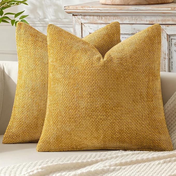 MIULEE Pack of 2 Gold Throw Pillow Covers 16x16 Inch Mustard Yellow Summer Modern Boho Accent Decorative Pillow Covers Soft Chenille Farmhouse Cushion Covers for Home Decor Couch Bed Sofa Living Room