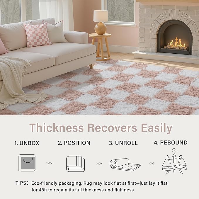 PureCozy Checkered Rug 4x6 for Living Room, Pink and White Modern Shag Rug Super Soft Washable Fluffy Rugs Indoor Office Fuzzy Carpet for Bedroom Home Dorm Aesthetic Decor
