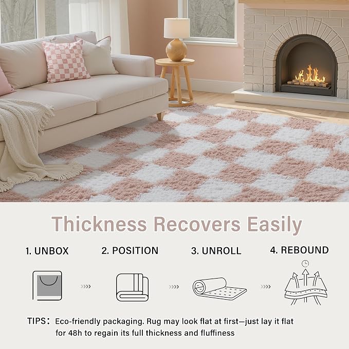 PureCozy Checkered 4x4 Round Rug for Playroom, Pink and White Modern Shag Rugs Super Soft Washable Fluffy Carpet Indoor Office Fuzzy for Bedroom Living Romm Home Dorm Aesthetic Decor