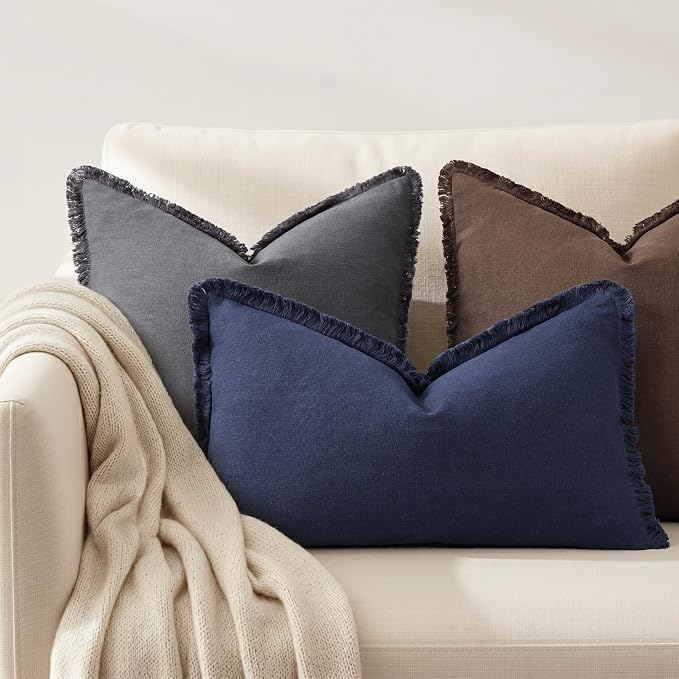 decorUhome Linen Fringe Lumbar Throw Pillow Covers Set of 2 Decorative Navy Blue Pillow Covers with Tassels Soft Accent Boho Farmhouse Pillow Cases for Couch Bed Sofa 12x20 Inch