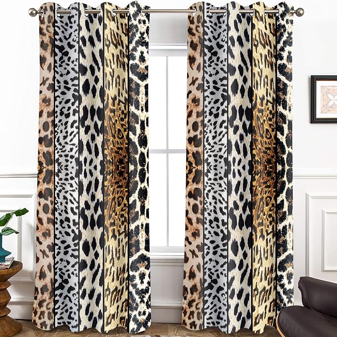 Wild Animal Print Curtain, Room Darkening Thermal Insulated Blackout Leopard Boa Window Drapes with Grommets for Living, Dining, Bedroom, 52"x 96", Set of 2 Panels