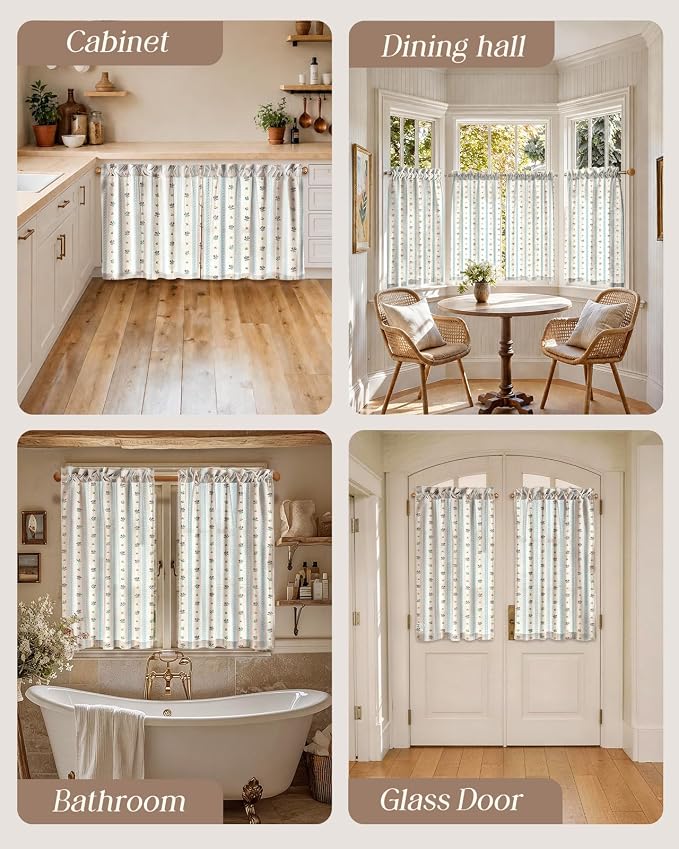 Miss Adola Farmhouse Kitchen Tier Curtains - 45 Inch Length Linen Blend Boho Cafe Curtains Blue Floral Small Window Treatments Over Sink Rod Pocket for Bathroom Living Room Light Filtering, 4 Panels