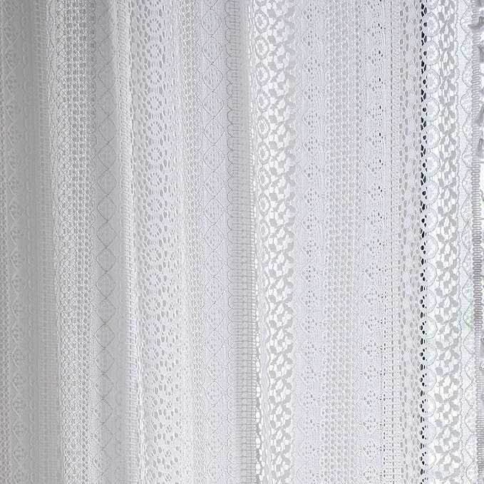 Sutuo Home Boho Sheer Curtain 108 Inches Long, Crochet Lace with Bohemian Hollow Knitted Handmade Tassels,Vintage Farmhouse Window Treatment for Bedroom, Rod Pocket, 1 Panel 59" W x 108" L, White