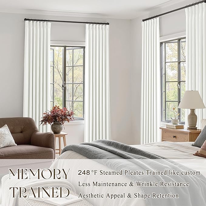 Off White Pinch Pleated Linen Blackout Curtains 90 Inches Long for Bedroom Living Room 2 Panels Set, Darkening Thermal Insulated Dual Layer Boho Neutral Pinch Pleat Hooks Rings Track System Curtain