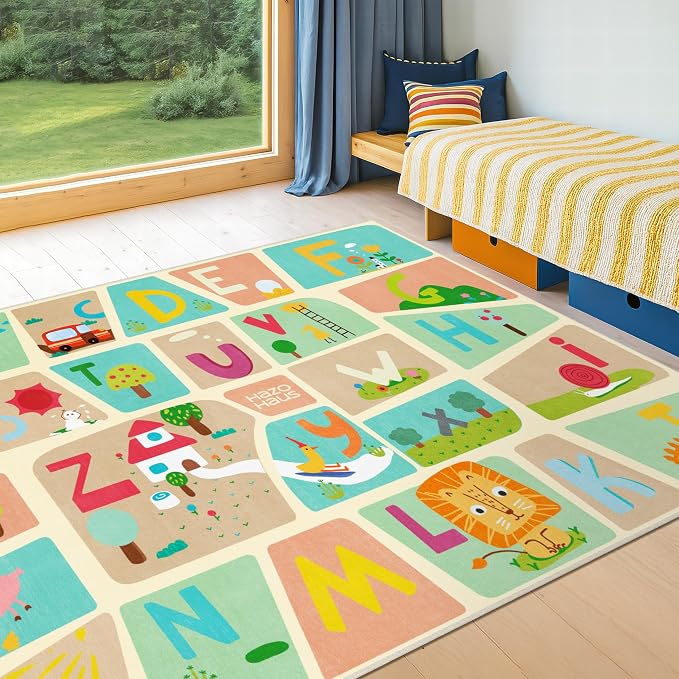Large ABC Alphabet Classroom Rugs Elementary – 8x10 School Rug for Kids, Washable & Wipeable Floor Carpet, Soft & Non Skid Design with Educational Letters and Whimsical Cartoon Art Decor