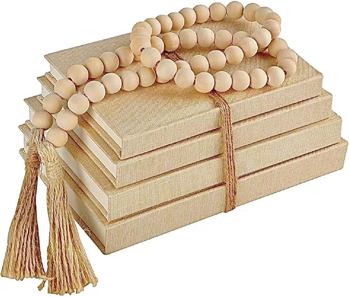 Linen Covered Decorative Books 4 Pieces, Neutral Home Decor Coffee Table Books with Wooden Beaded Tassel, Stacked Books for Rustic Farmhouse Modern, Boho, Bookshelf, Fireplace Mantel Décor, Beige
