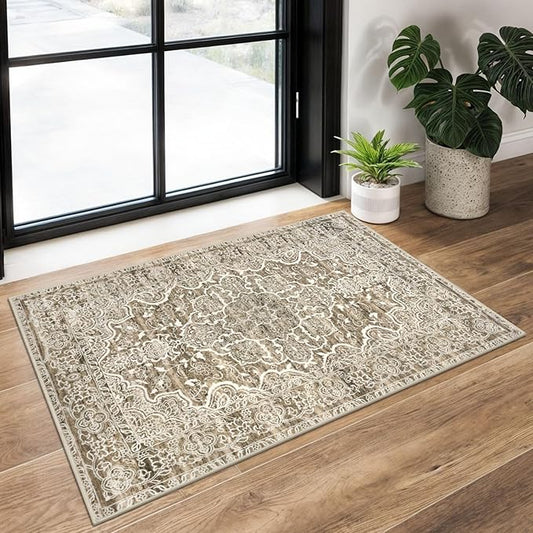 KUTA Vintage Small Area Rug 2x3 Beige Brown Washable Entryway Rugs Non-Slip Ultra Soft Printed Medallion Distressed Floral Small Accent Carpet Farmhouse Throw Doormat for Entrance