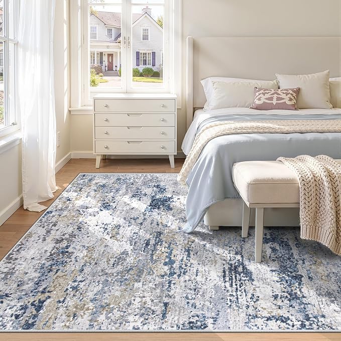 6x9 Area Rugs for Living Room: Washable Abstract Neutral Rug Modern Soft Non Slip Low Pile Rugs Floor Indoor Stain Resistant Carpet for Bedroom Dining Room Nursery Home Office (Blue, 6'x9')