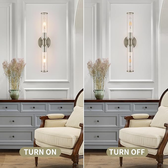 Rayogale Nickel Wireless Battery Operated Wall Sconces with Remote Control | Glass Rechargeable Wall Lights Set of 2 with Timer Function Dimmable for Living Room Bedroom Emergency 3000K, 20.5 Inch