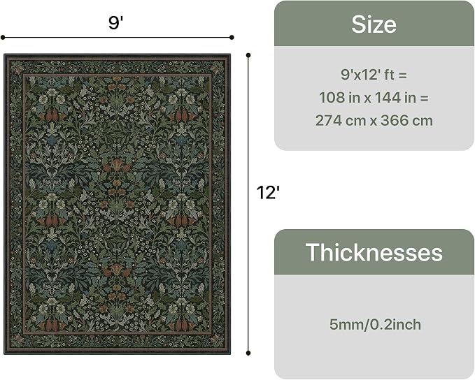 GENIMO 9x12 Washable Area Rug for Living Room, Non Slip, Dark Green | Vintage Boho Floral Low Pile Thin Carpet for Bedroom, Dining Room, Nursery, Indoor Decor