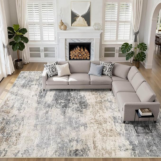 12x18 Area Rugs Living Room: Washable Large Abstract Modern Soft Rugs Stain Resistant Indoor Floor Non Slip Accent Carpet for Bedroom Nursery Playroom Office Dining Room Dorm Home Decor- Gray Brown