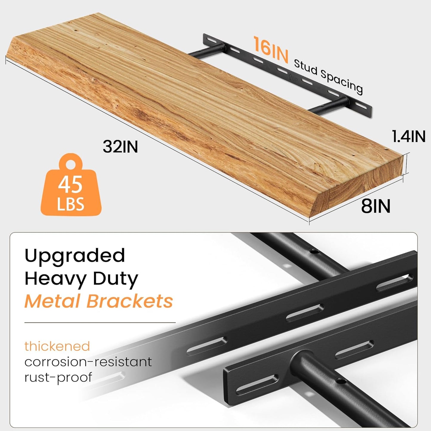 Floating Shelves for Wall, 32" Live Edge Solid Elm Wood Floating Shelf, Wall-Mounted Display Shelves with Invisible Heavy-Duty Metal Bracket, Floating Shelf for Kitchen (Natural, Set of 2)