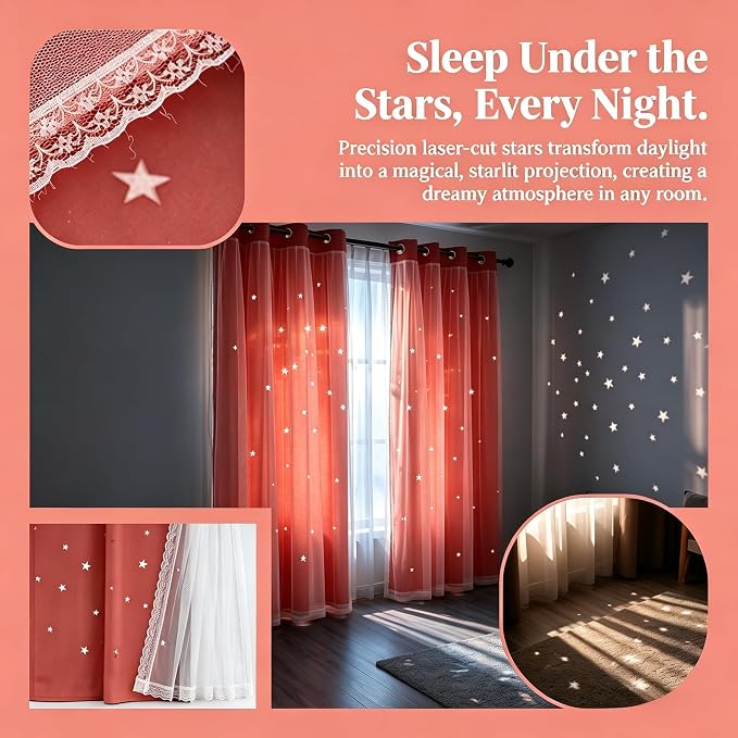 Princess Curtains for Girls Bedroom with Sheer Overlay,Double Layer Curtain for Living Room with Star Cutout, Curtains for Kids Room (70 W*72 L Inches,2 Pcs Coral)