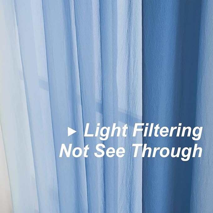 Purainbow Blue Ombre Sheer Curtains for Living Room Chiffon Crinkle Semi Sheer Curtain Panels for Bedroom Decor, Light Filtering Gradient Window Treatments with Grommet Top, 2 Panels, 52" Wx95 L