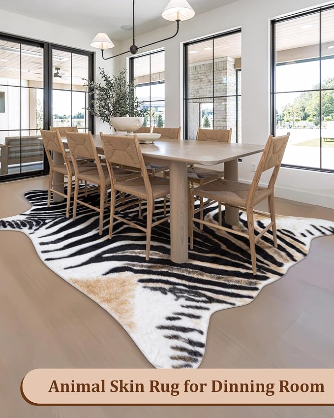 Zebra Print Rug for Living Room, Faux Fur Zebra Hide 5.2x7 Feet Animal Skin Rug for Bedroom Nursery Black and White