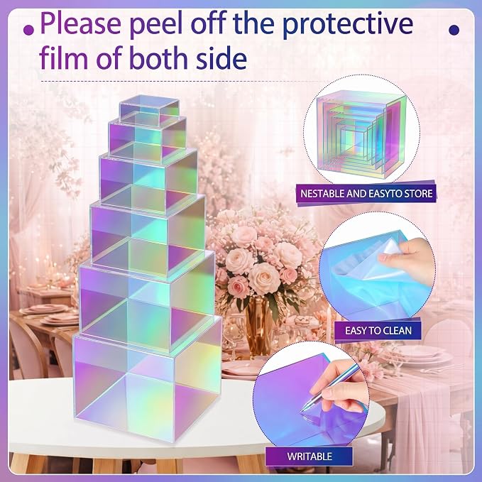 Geelin 6 Pack Acrylic Risers for Display Acrylic Cube Boxes Risers Display Stands with Hollow Bottoms Decorative Stand for Jewelry Candy Table Decor 6 Sizes (Iridescent,3 to 8 Inch,Square)