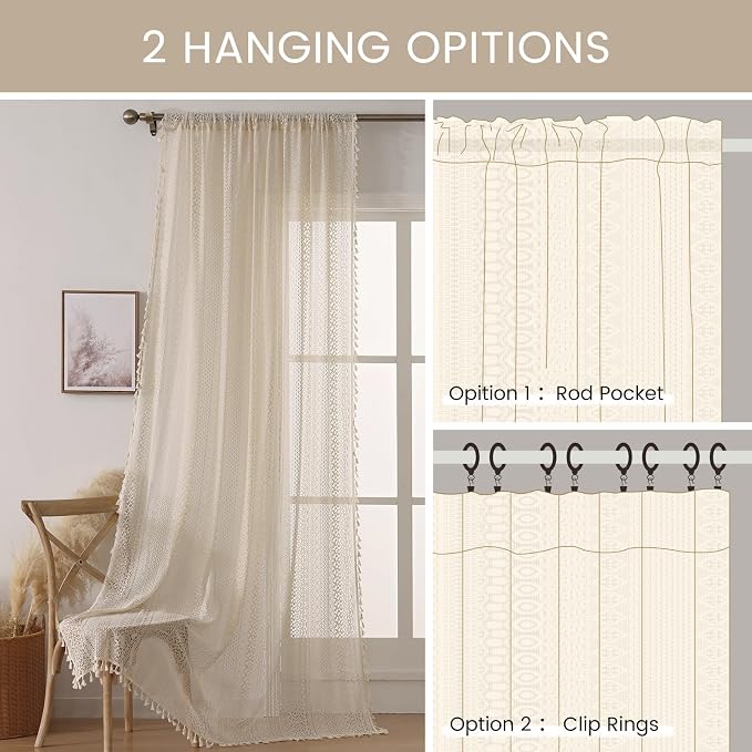 WAZZIO Boho Lace Curtains 45 Inches 2 Panel,Light Filtering Privacy Tassel & Geometry Crochet Semi Sheer Curtain Drapes for Bedroom Living Dining Room,Rod Pocket & Tassel,Vintage French Country,Beige
