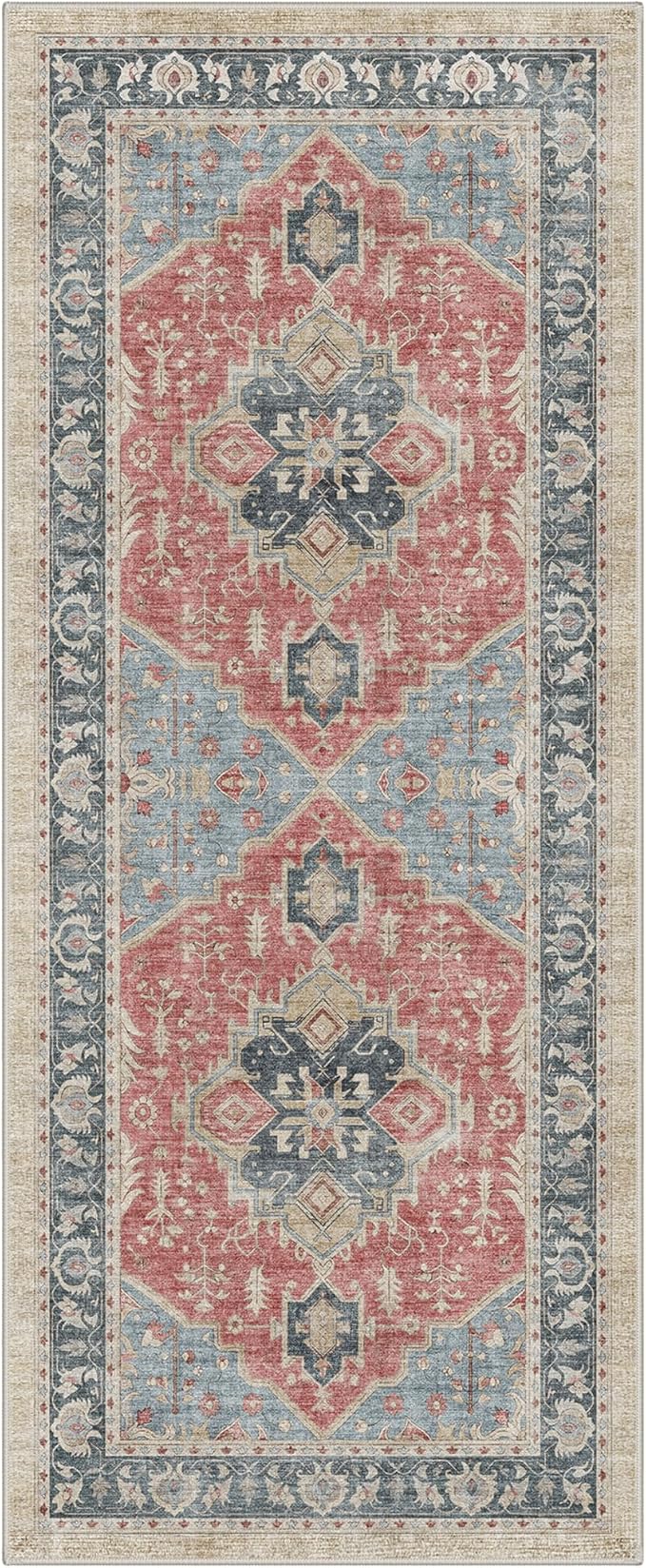 GENIMO 2x5 Runner Rugs for Hallway Kitchen and Laundry Room Non Slip Low Pile Machine Washable Lightweight Print Rug for Bedroom Bathroom Entryway, Floral Medallion, Dusty Red