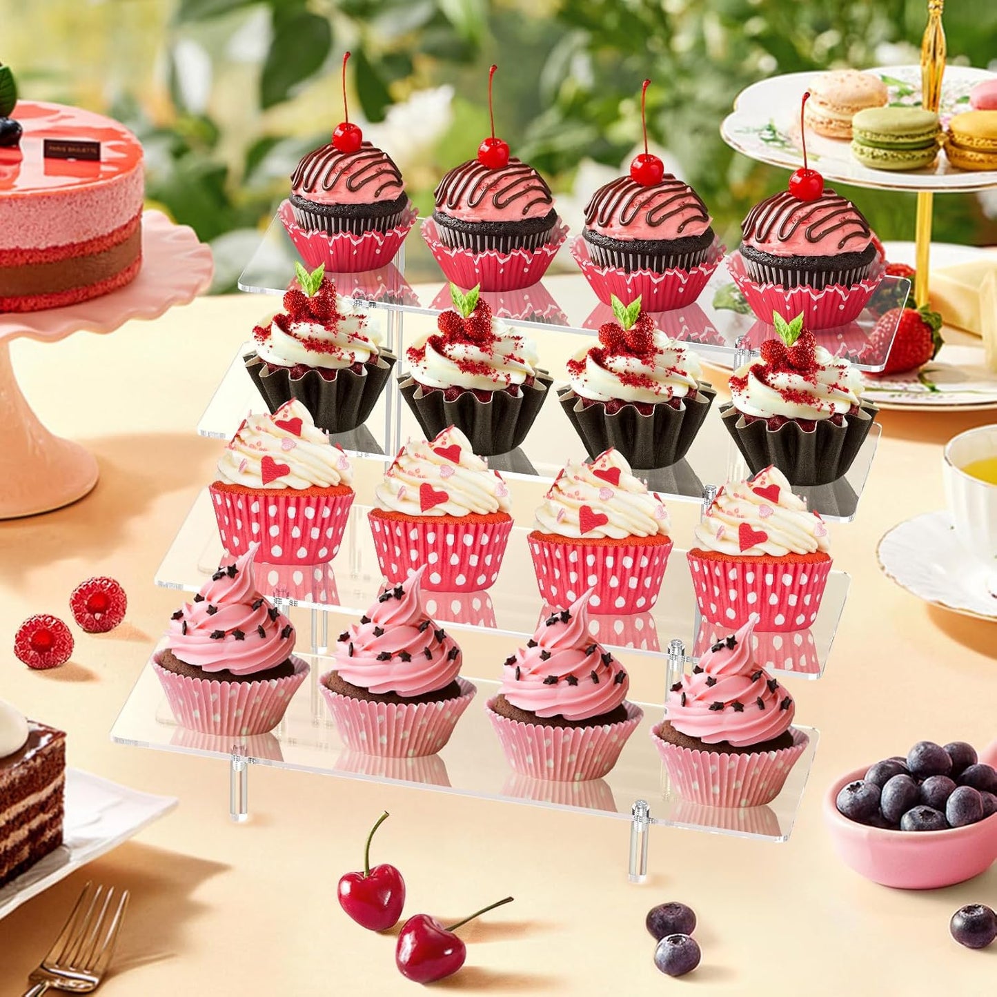 Acrylic Display Riser Stand Shelf Clear 4 Tier Cupcake Stand Perfume Display Holder Figures Desktop Decoration Organizer Showcase Toys Retail Display Rack Candy Dessert Buffet 4 Steps Collection (3 PACKS)