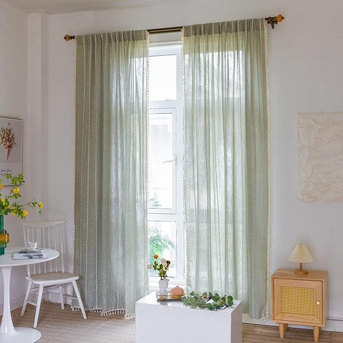 Boho Embroidered Linen Curtains - 96 Inch Long, 2 Panels, Sage Green, Farmhouse Style, Bohemian, Light Filtering for Bedroom & Living Room (52" W x 96" L)