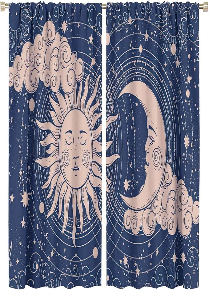 Sun Moon Blackout Windows Curtains, Boho Celestial Bodies Gold Sun Moon and Stars Pattern Window Drapes, for Living Room Bedroom 52x84in 2 Panels
