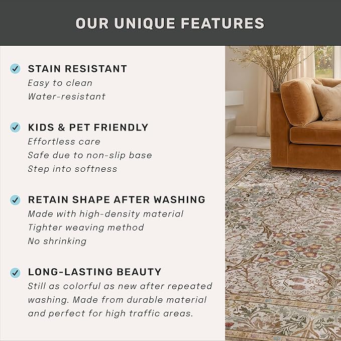 Hazo Haus Vintage Moss Green Living Room Rug, 7x10 Washable Large Area Rugs for Bedroom, Dining Room Rugs Under Kitchen Table, Oriental Taupe Low Pile Stain Resistant Non-Slip