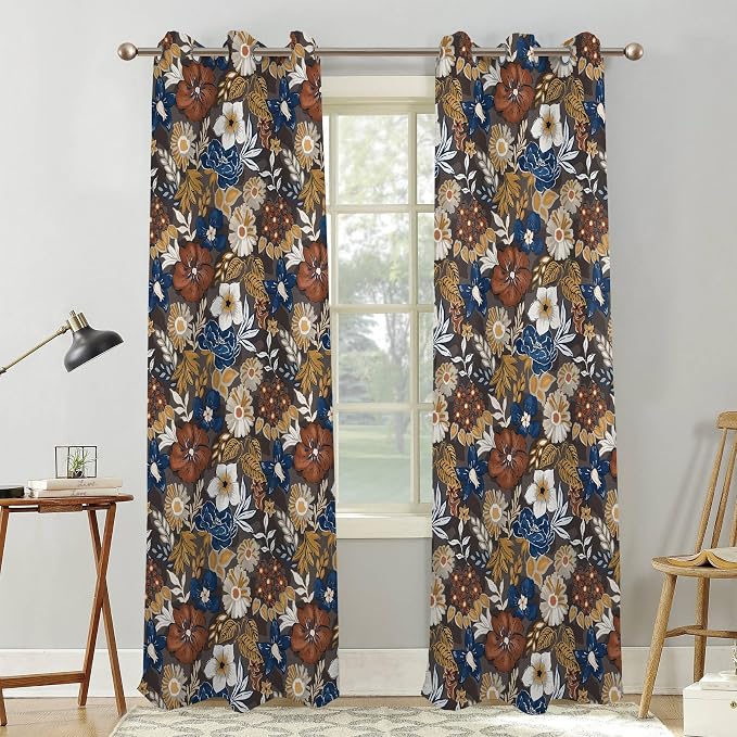 Renaiss Bohemian Floral Blackout Curtains, Blue Brown White Flower Thermal Insulated Bedroom Window Curtains, Boho Style Patterned Window Drapes for Living Room, 96" L x 53" W 2 Panel Set
