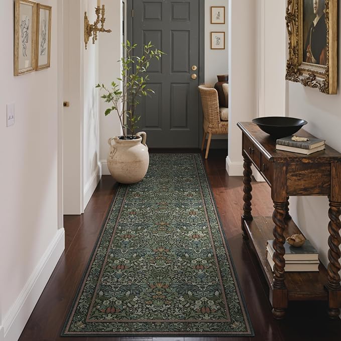 GENIMO 2.5x12 Washable Extra Long Runner Rug, Non Slip, Dark Green | Vintage Boho Floral Low Pile Thin Mat for Entryway, Kitchen, Bedroom, Indoor Decor